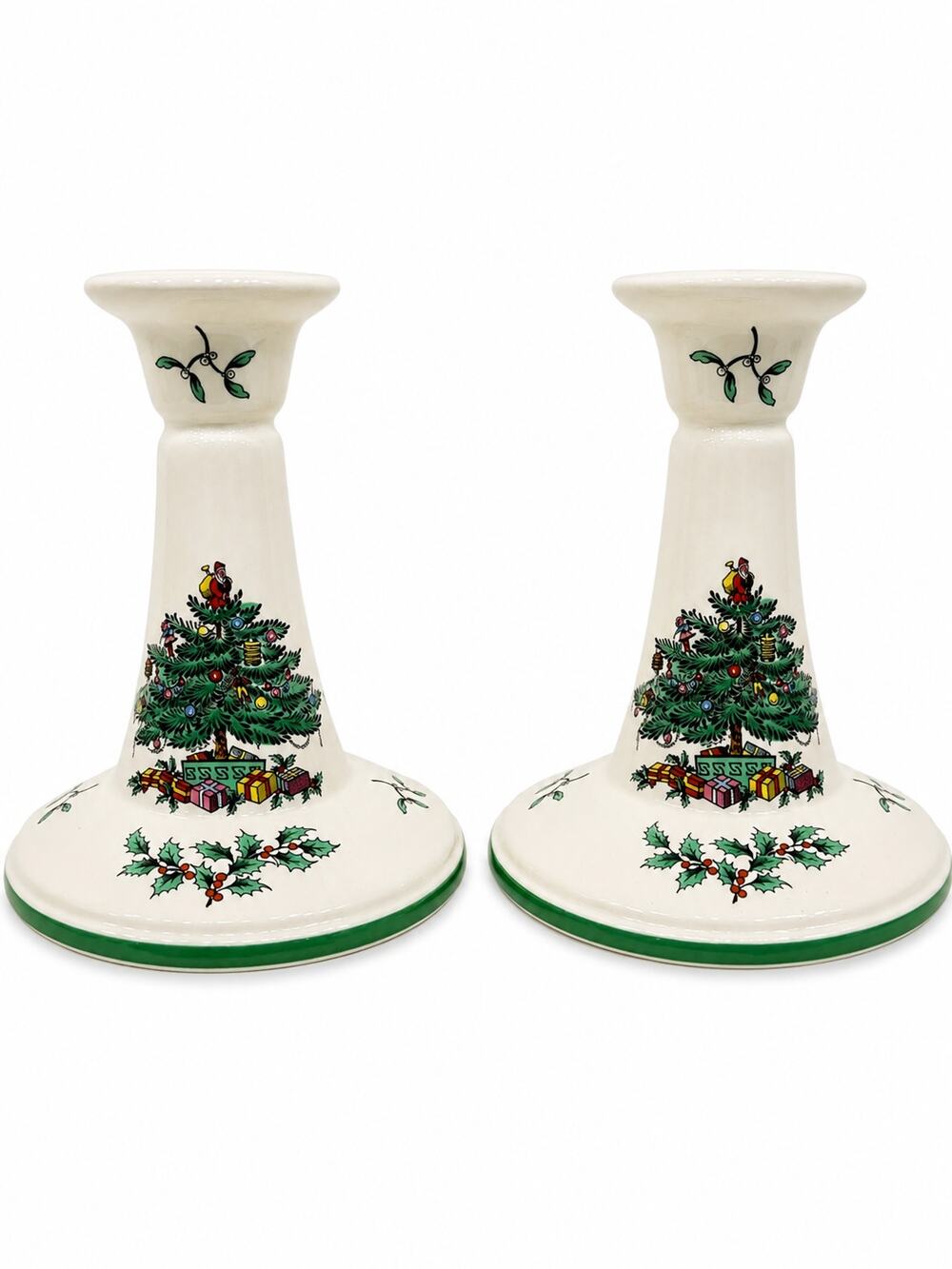 SPODE Christmas Tree Candlestick Holders Holiday Decor Vintage